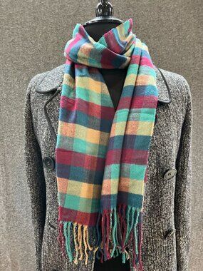 12x66 100% vintage scottish cashmere made in Scotland maroon blue teal checker